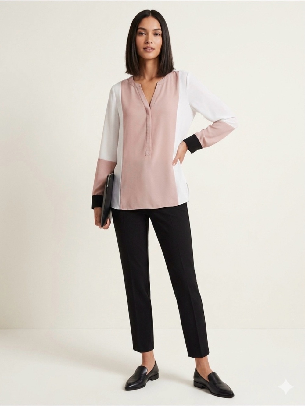 NWT Vince Camuto Colorblock V-Neck Blouse Pink White Black Long Sleeve L